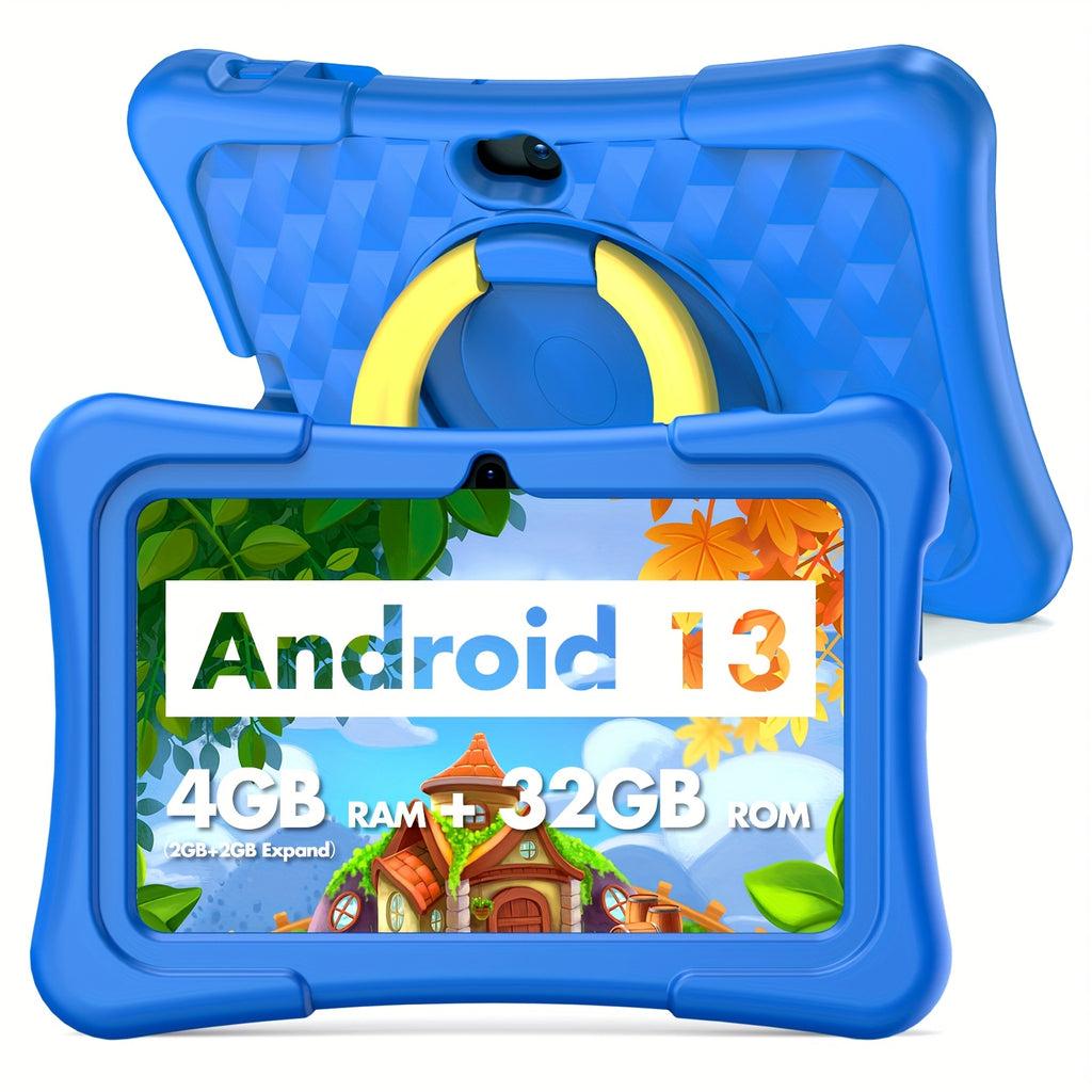 Android 13 7-Inch Kids Portable Tablet with Case 4GB (2GB+2GB Expandable) RAN+32GB ROM, Support 1TB Expandable, Quad-Core Processor, HD Display, Dual Camera, Dual WiFi (2.4G+5G), 2025 New Boys and Girls Gifts
