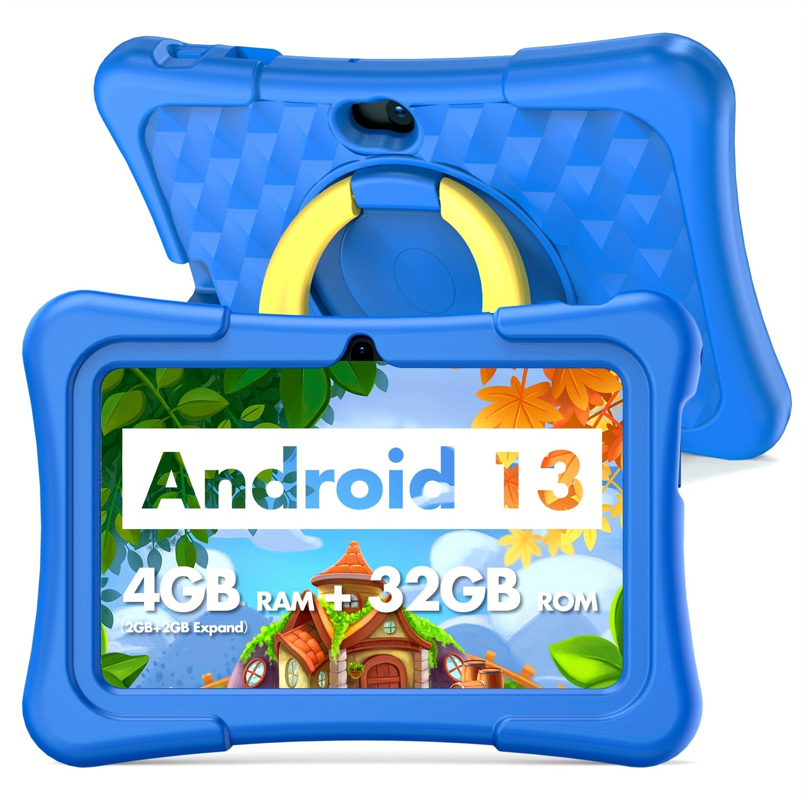 Android 13 7-Inch Kids Portable Tablet with Case 4GB (2GB+2GB Expandable) RAN+32GB ROM, Support 1TB Expandable, Quad-Core Processor, HD Display, Dual Camera, Dual WiFi (2.4G+5G), 2025 New Boys and Girls Gifts