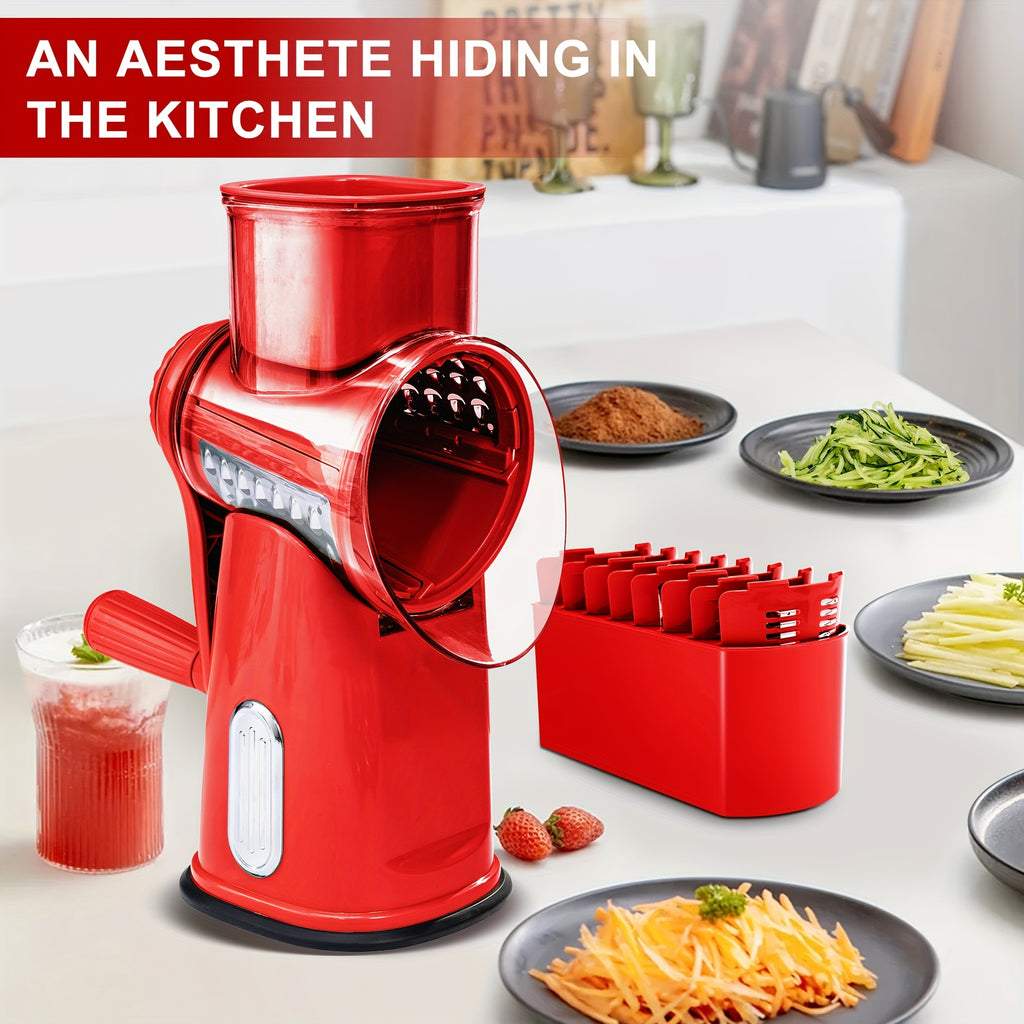 Rotary Cheese Grater With Handle - Vegetable Shredder With 5 Well-designed Blades & Strong Suction Base, Round Mandoline Slicer & Food Chopper For Kitchen, With Blade Storage Box(Beige, Retro Green)