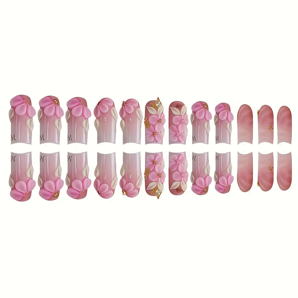 24pcs set of medium square French-style sweet floral elegant white-pink gradient light luxury 3D Golden butterfly glitter nails, suitable for all women and s. Comes with a nail file and jelly glue in the box for easy applicat
