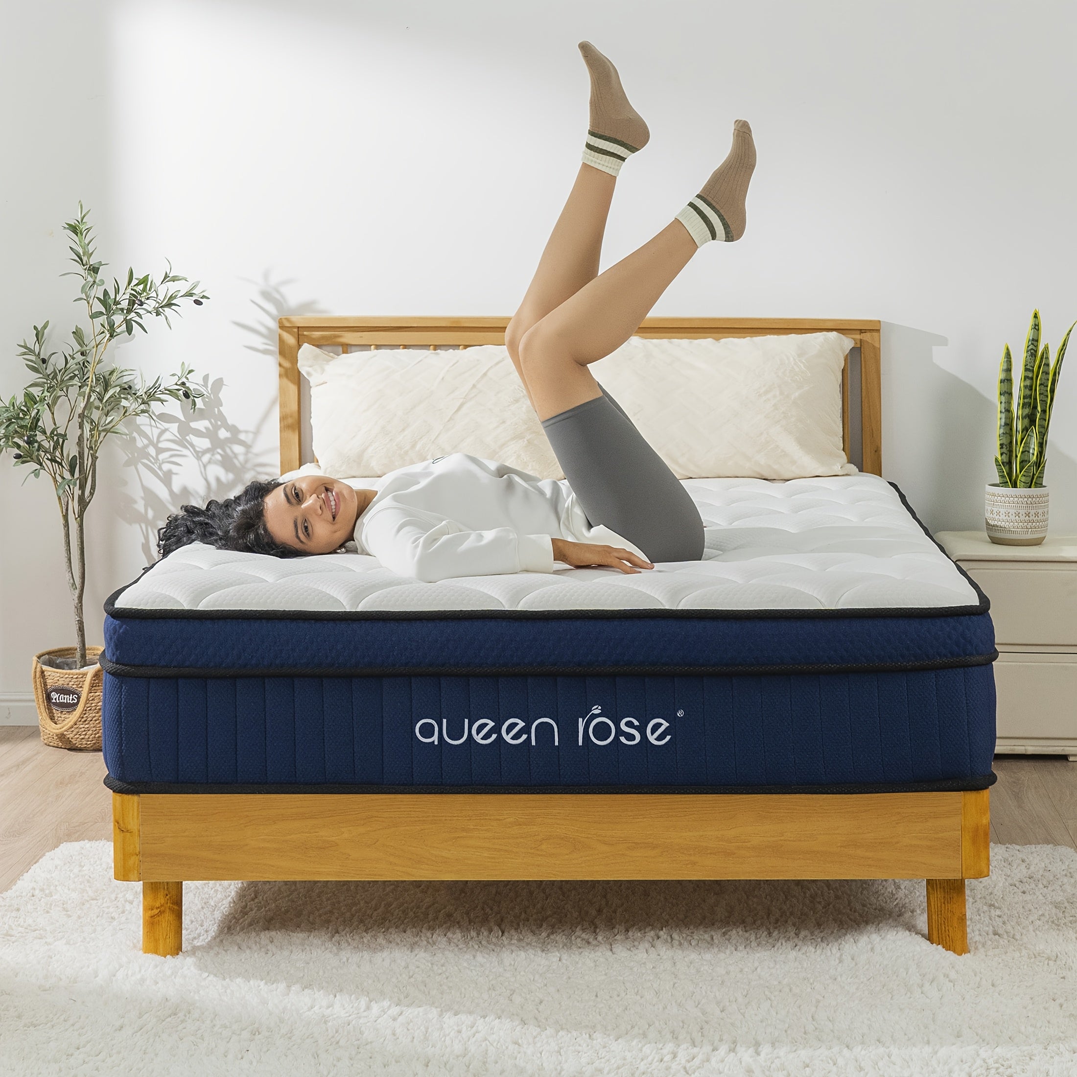 QUEEN ROSE 12 Inch Hybrid Mattress in a Box with Gel Memory Foam & Individually Wrapped Pocket Coils - Medium Soft Feel, Motion Isolation, Edge Support, Cooling Breathable European Cover, Twin/Full/Queen/King Sizes, White & B