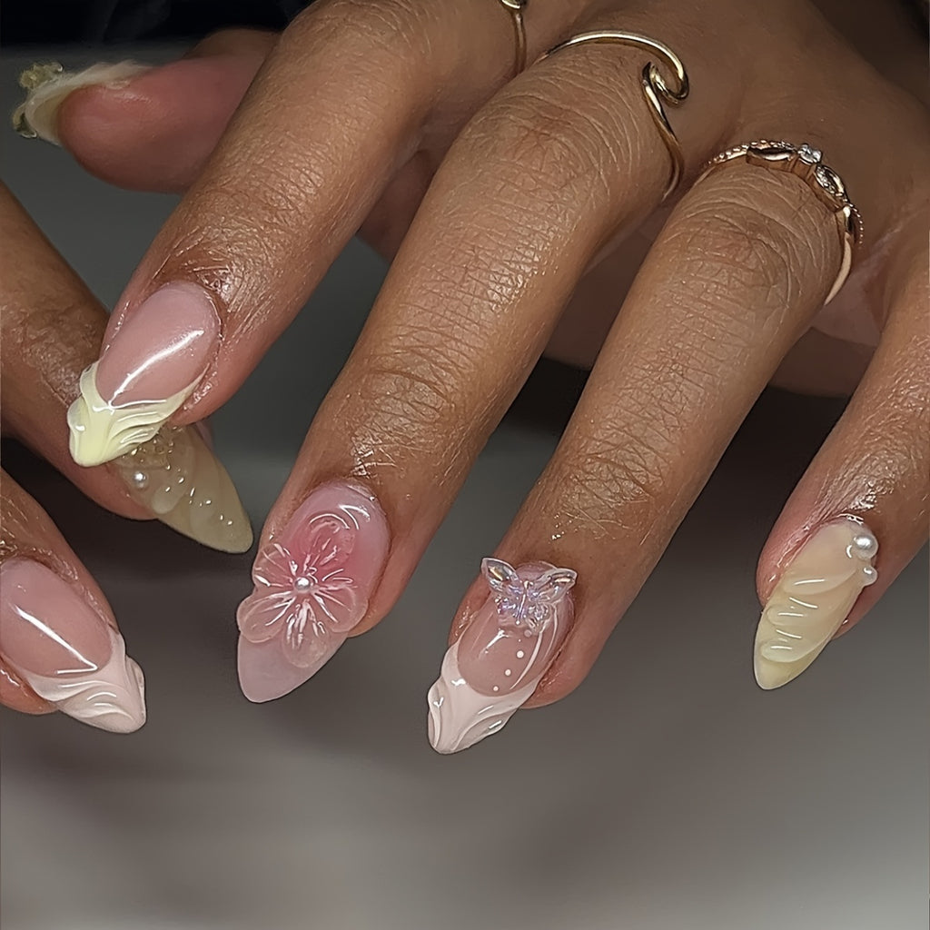 24pcs Almond-Shaped False Nails Set, Sweet French-Style Elegant Spiral 3D Cute Butterfly Delicate Flower Design, Suitable for All Women and, Includes Nail File and Jelly Glue for Easy Application, Diy Nail Design, Elegant Fre