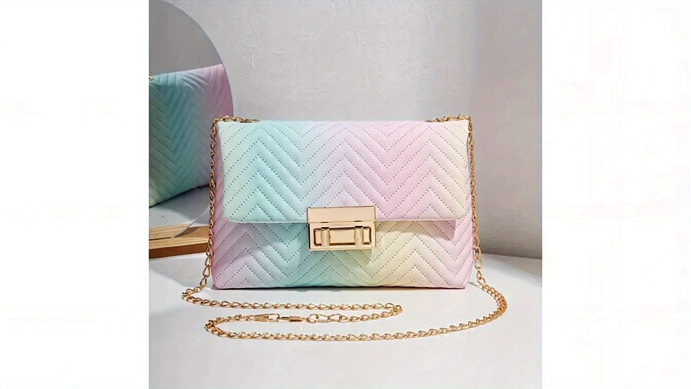 Ombre Wavy Quilted Crossbody Bag, Trendy Chain Shoulder Bag, Women's Turn Lock Flap Square Purses