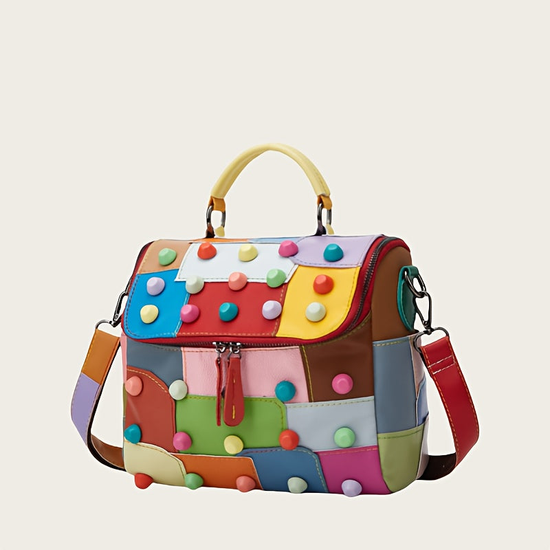 [Geometric Crossbody Bag] Light Brown Geometric Women's Crossbody Bag | Detachable Strap, Multi-Color Irregular Design, Zipper Closure, Spacious Tote with Back Pocket & Rivet Accents, Polyester Lining for Daily Commute & Casu