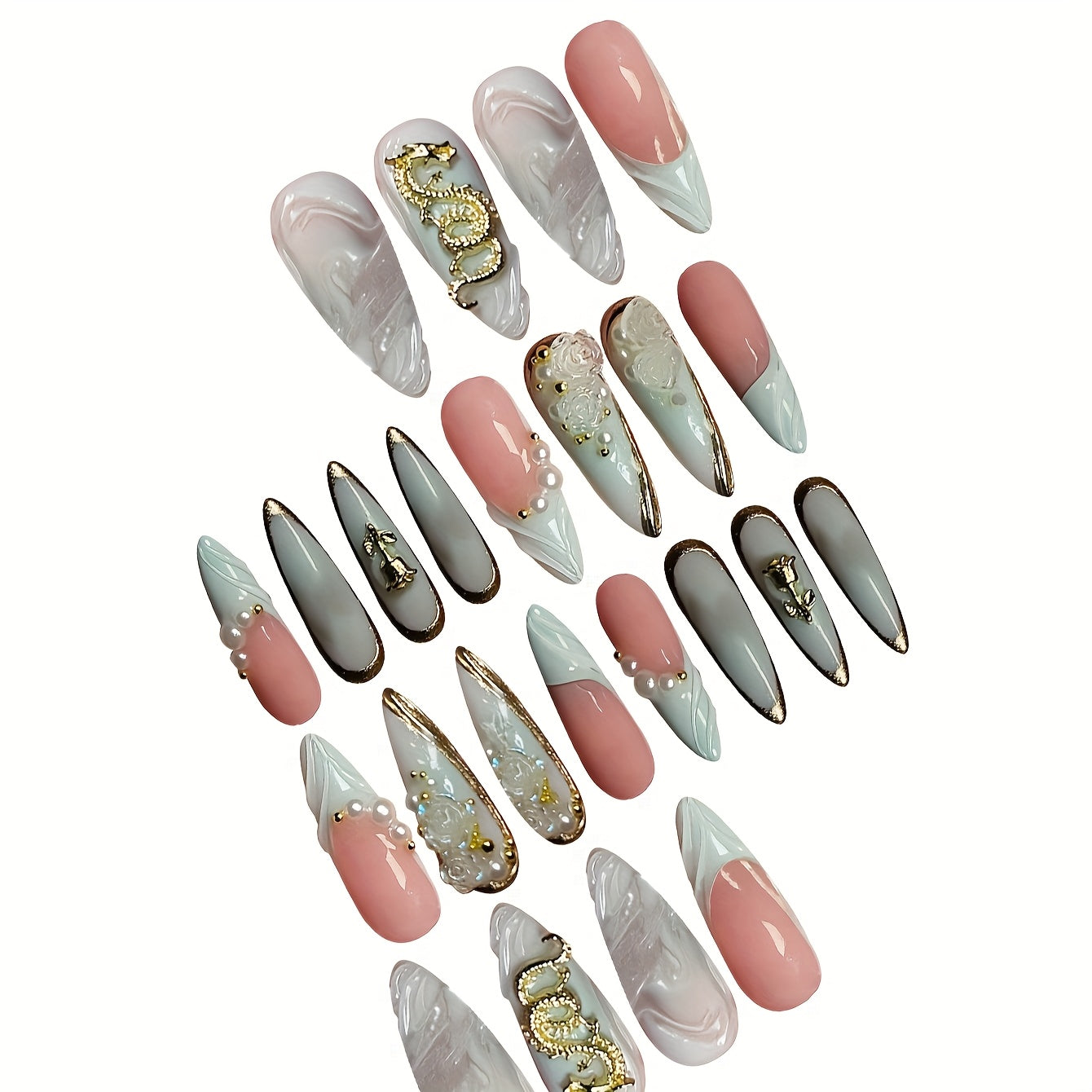 24pcs Luxury Sweet Cool High-End Floral Golden Texture Accented - Milk White and Golden Color Block Almond Medium Fake Nails Set with Jelly Glue and Nail File Included, Perfect Gift for s and Women