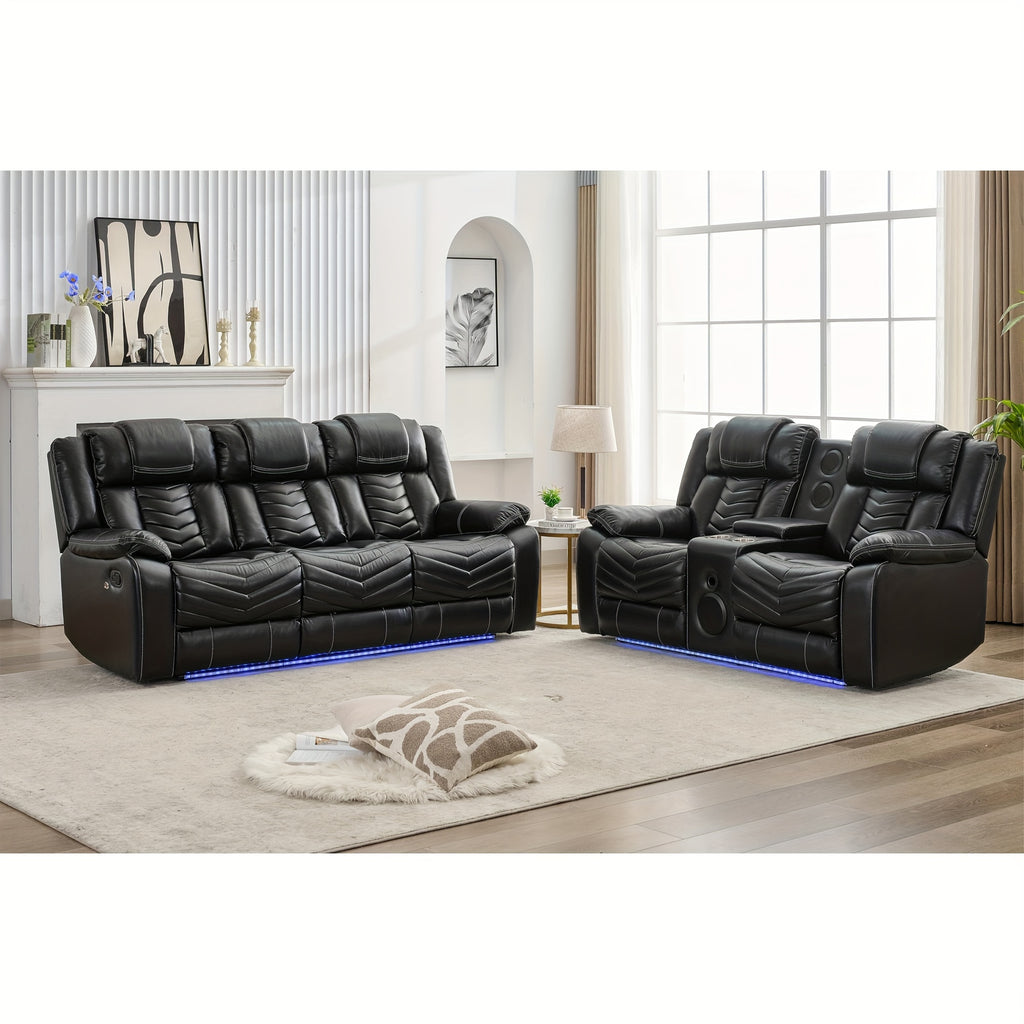 Leather Manual Recliner Sofa Set with Wireless Charger for Living Room, 3 Seater Reclining Sofa and Loveseat Seating Couch with Bass Speakers, LED Lights, Home Theater Love seat Sets with Console