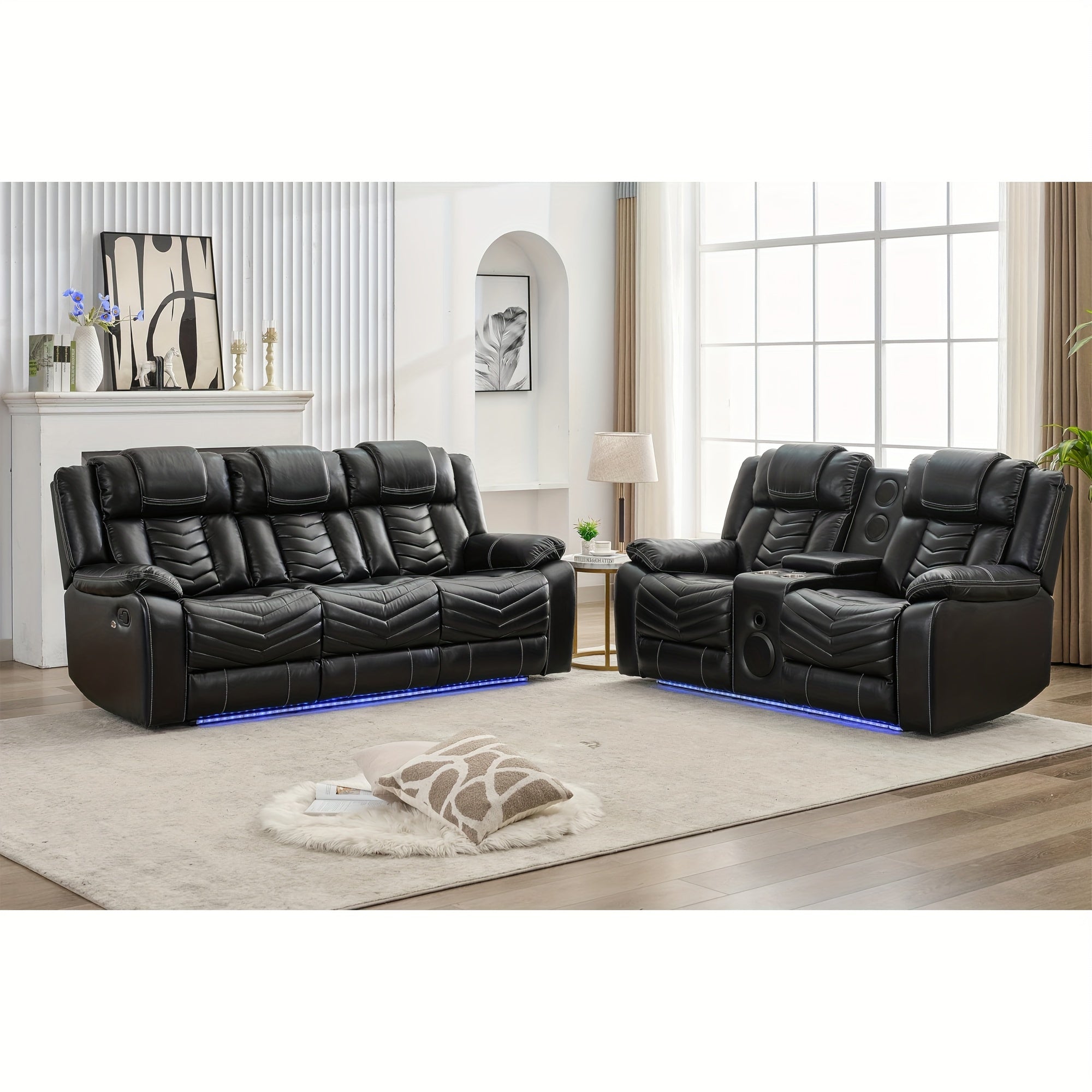 Leather Manual Recliner Sofa Set with Wireless Charger for Living Room, 3 Seater Reclining Sofa and Loveseat Seating Couch with Bass Speakers, LED Lights, Home Theater Love seat Sets with Console