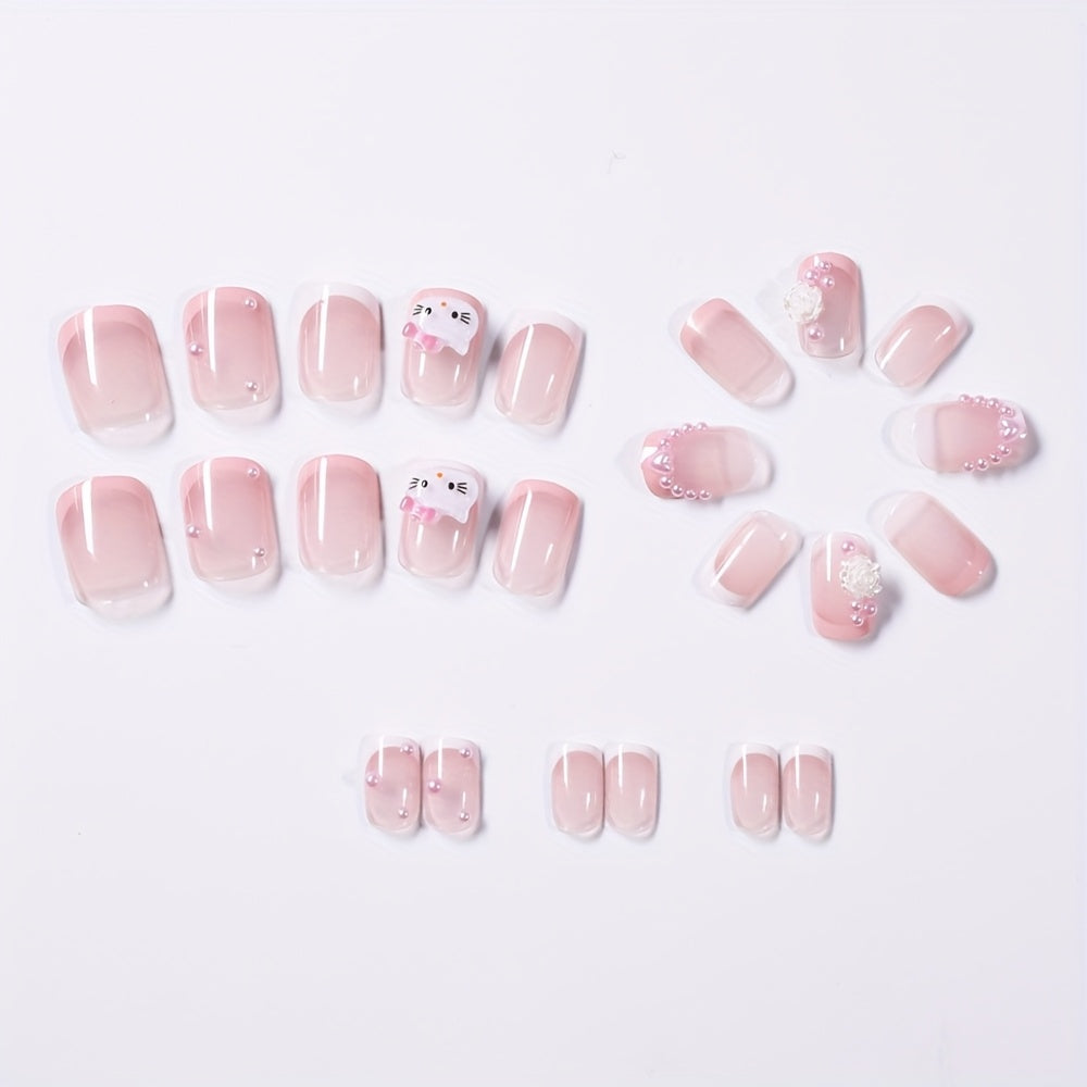 24pcs for hello kitty Nail Stickers - Cute Cartoon Design, Glossy Finish, Removable Press-On Nails for Manicure & Pedicure, Perfect for Hand & Foot Care, Nail Art Supplies | Cartoon Nail Art | Glossy Finish Nails, Nail Decora