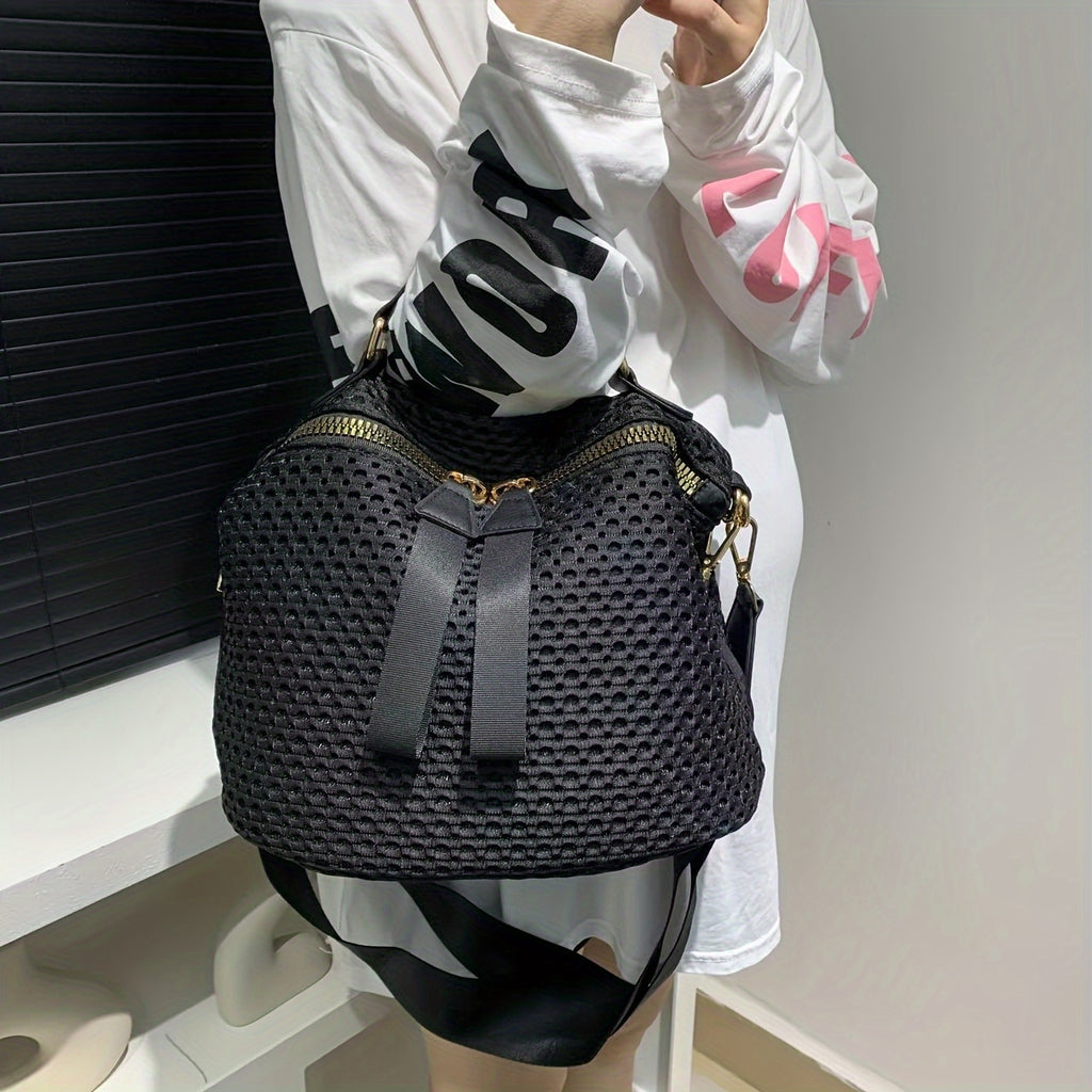 [Mesh Crossbody Bag] Lightweight Black Nylon Mesh Crossbody Bag - Chic Women's, Versatile with Wide Strap & Detachable Shoulder Strap, Zip Closure