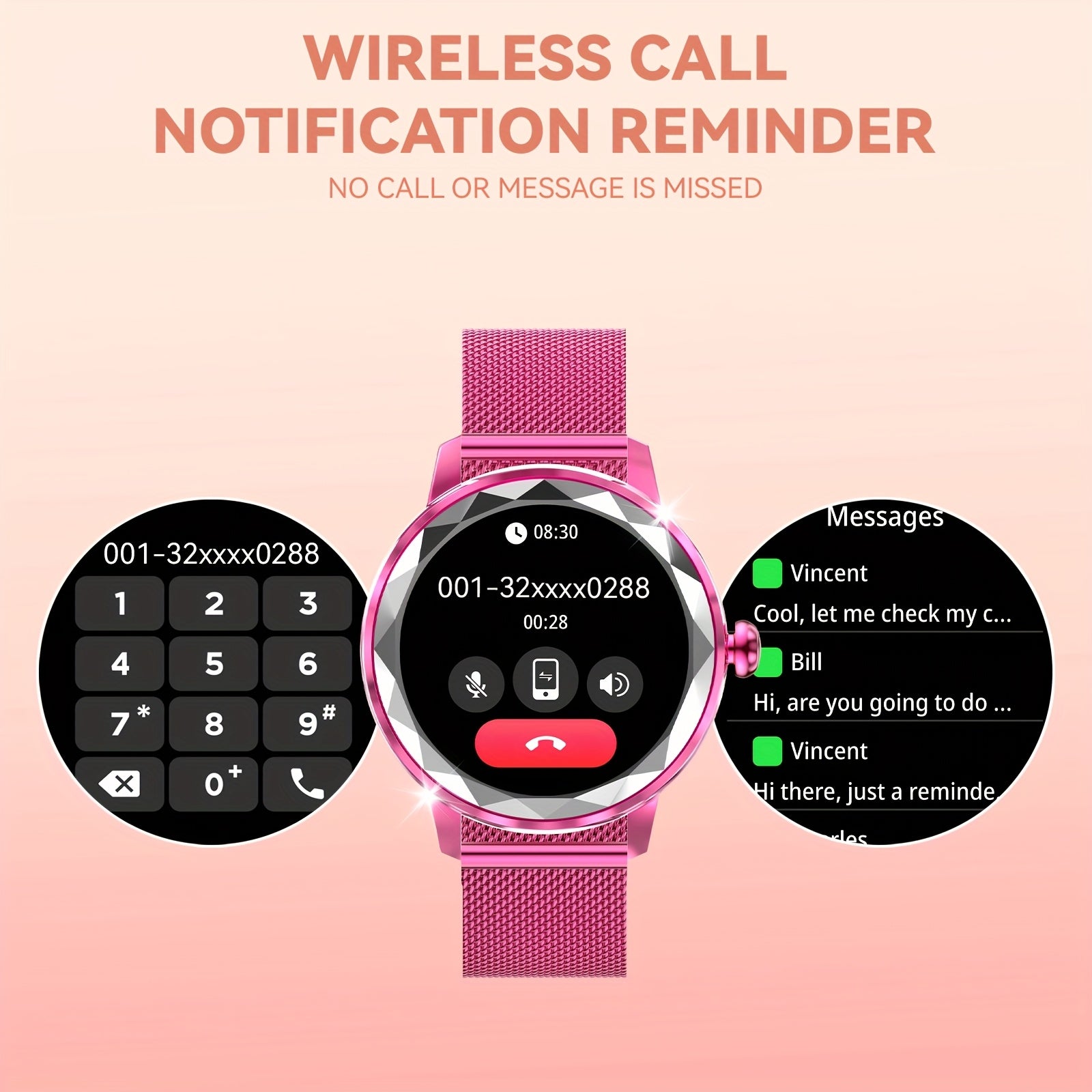 Elegant Pink Smartwatch for Women - Wireless Call, Voice Control, Sleep Tracking, and Sports Mode, Compatible with Android and iPhone, Perfect Gift for Girlfriend or Wife