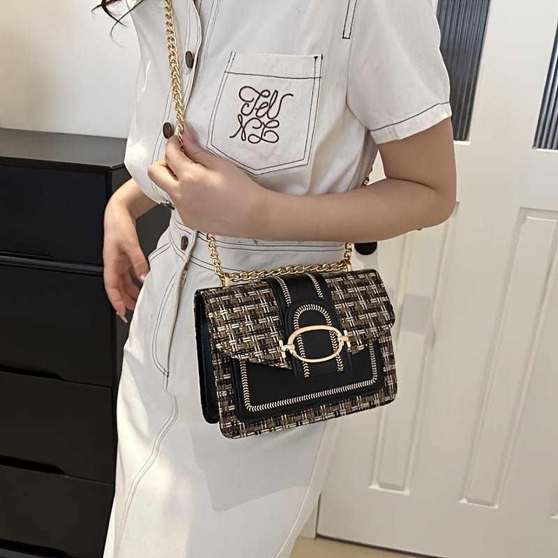 A Mini Checkered Tweed Bag with a Clasp Decoration, a Square Shoulder Bag, And a Chain Crossbody Flap Wallet, Perfect for Everyday Use.