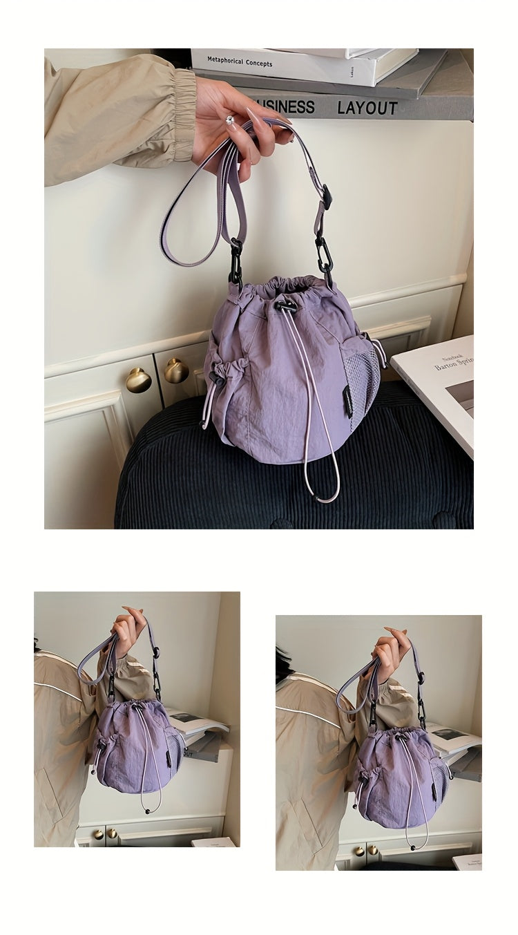 Women's Lightweight Crossbody Bag, Convertible Clutch Purse with Adjustable Strap, Drawstring Closure, Side Mesh Pocket, Compact Everyday Bag for Women, Travel, Work, Dates, Available in Purple, Black, Green, Blue, Khaki, Ide