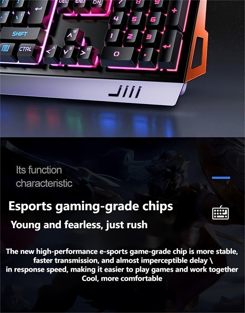 Ergonomic Gaming Keyboard - Wired, Faux Mechanical Feel, LED Color Backlight, USB Connection, 104 Keys Full Metal Panel, Multimedia Knob And Laptop Phone Holder Gift for Your Family Boyfriend