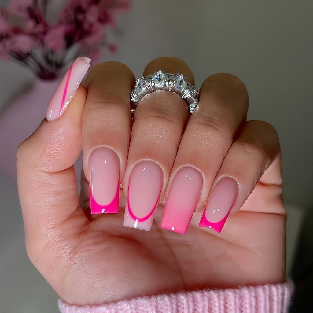 24pcs Pink Square Medium Length Press-On Nails with Glossy French Gradient Design, Fashionable Sweet Simple Style, Removable for All Women and Girls, Includes 1 Gel and 1 Nail File