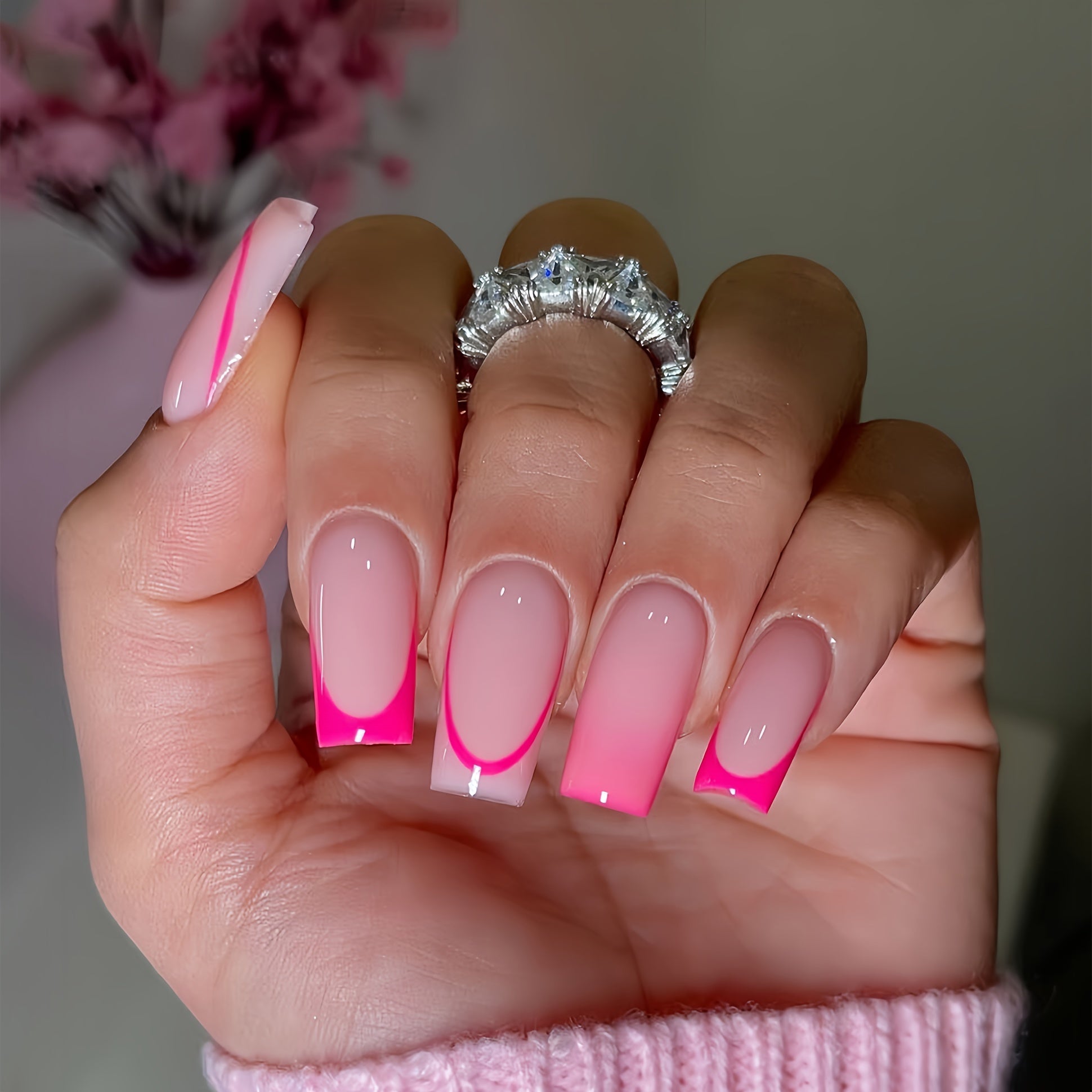 24pcs Pink Square Medium Length Press-On Nails with Glossy French Gradient Design, Fashionable Sweet Simple Style, Removable for All Women and Girls, Includes 1 Gel and 1 Nail File