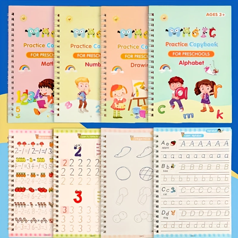 4 Books + 1 Refillable Magic Practice Book + 1 Pen + 5 Pen Refills + Erasable Stickers, Reusable, Mixed Color, Made of Paper, for Writing, Parent-Child Education, Boys and Girls