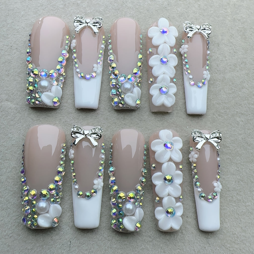 10pcs Handcrafted Press-On Nails Set for Women, Super Long Square Shape, Nude & Fair Tones, 3D Floral & Glitter Patterns, Glossy Finish, Reusable Full Cover Nail Art with Rhinestones and Metallic Accents
