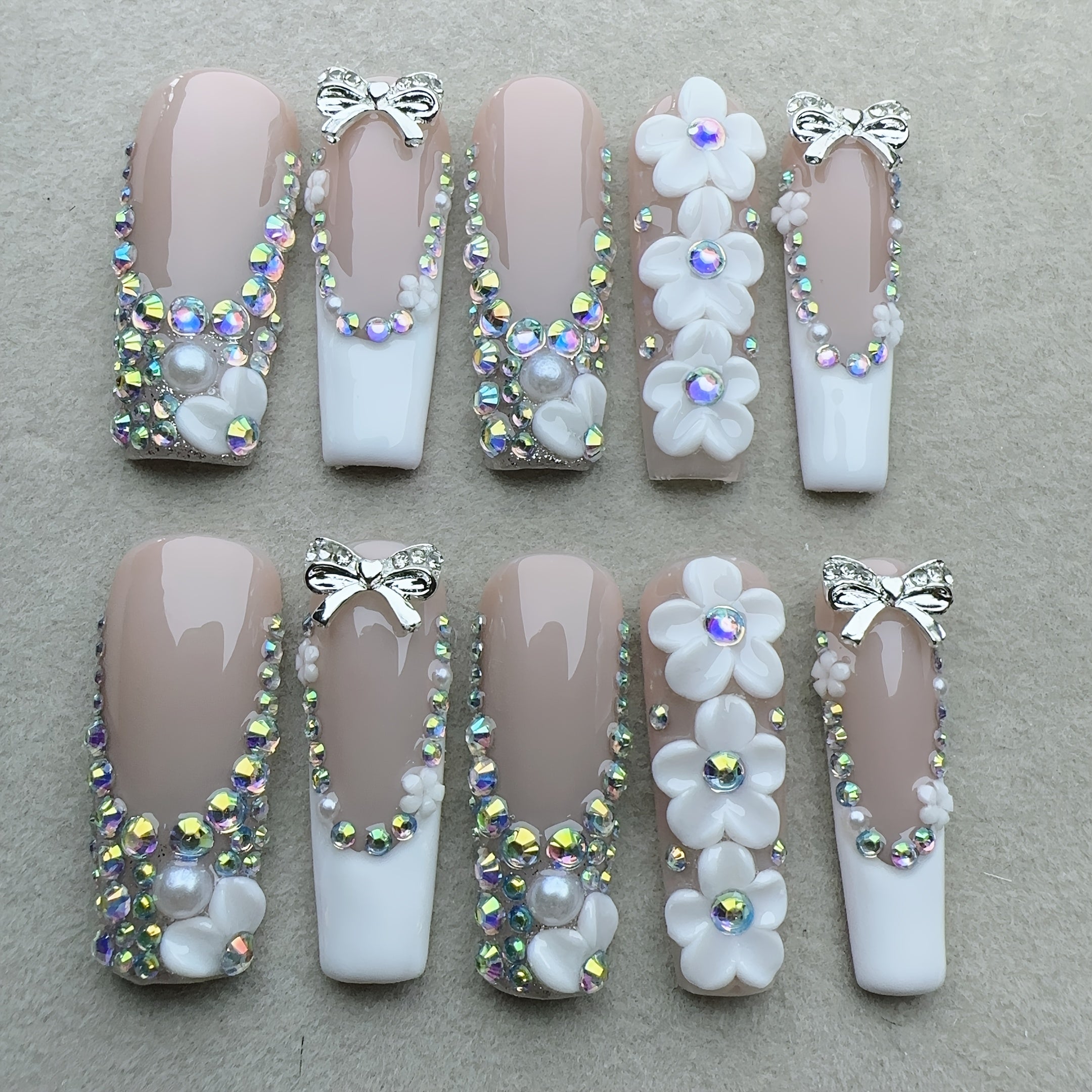 10pcs Handcrafted Press-On Nails Set for Women, Super Long Square Shape, Nude & Fair Tones, 3D Floral & Glitter Patterns, Glossy Finish, Reusable Full Cover Nail Art with Rhinestones and Metallic Accents