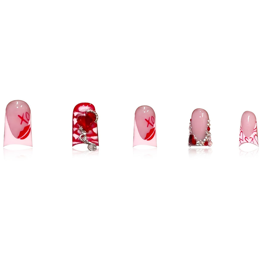 [24pcs Luxury Press-On Nails] 24pcs Luxury Red Duckbill Press-On Nails Set | French Romantic Valentine's Day Sweet Heart & Red Lip Gems, Short Length, Glossy Finish, Easy to Apply with Nail File & Jelly Glue Included