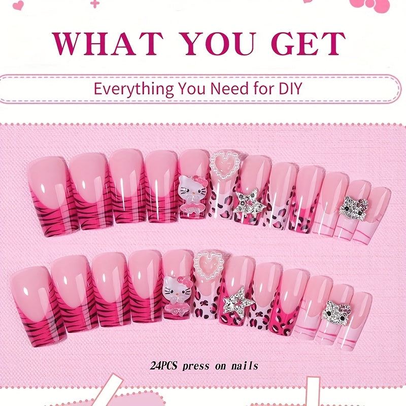 24pcs Sanrio for hello kitty Press-On Nails - Y2K Cute Kitty Cat Design with Red Leopard Print, Medium Coffin Shape, French Tip & Stars, Glossy Finish, Long Length, Pink & White Glitter Accents for Daily Wear & Parties - Perf