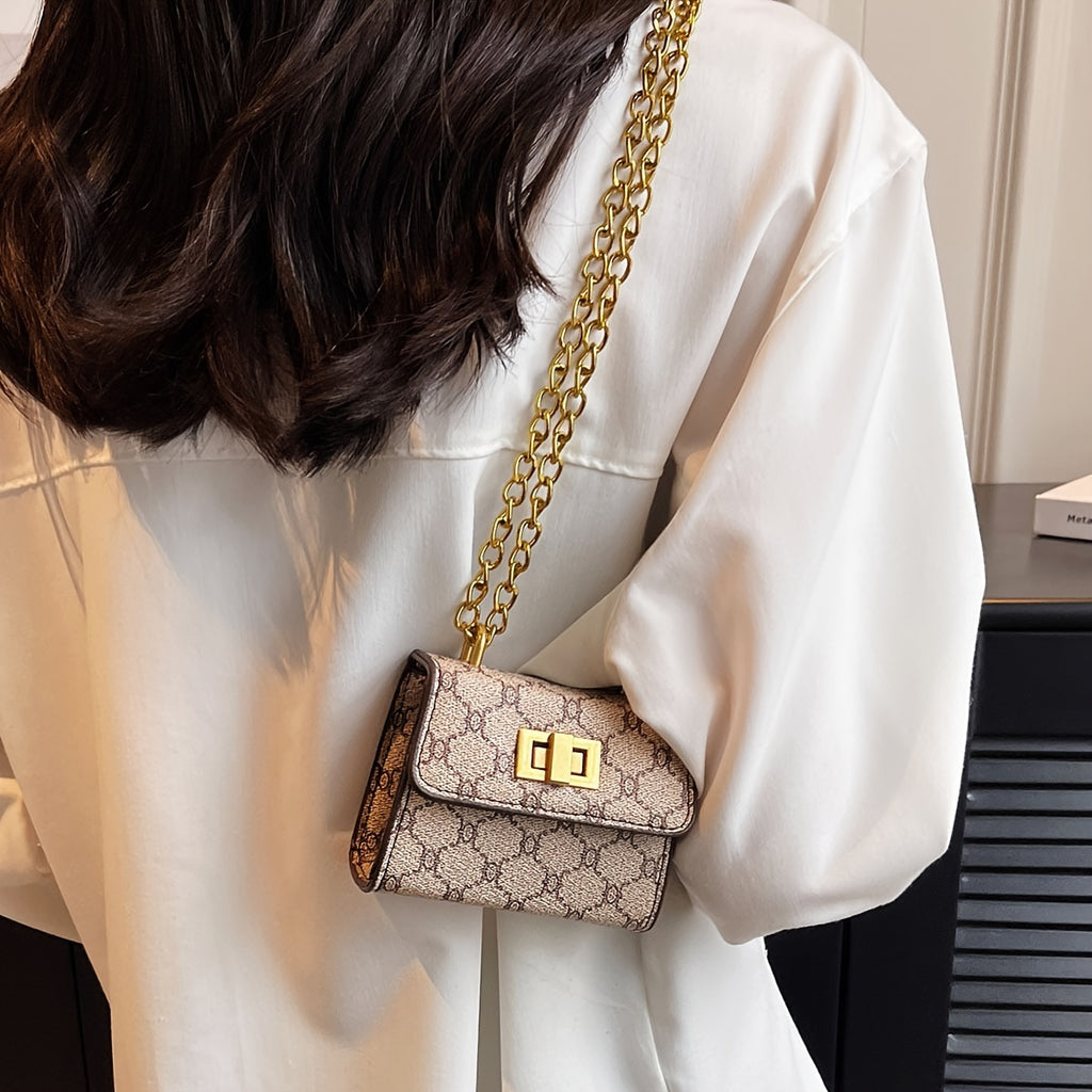 Rubini Handbag with Golden-Tone Turn-Lock Closure - Glossy Golden 'R' Logo & Chain-like Strap, Beige/Golden/Grey Shoulder Bag for Casual & Formal Events, Elegant Golden-Tone Hardware Purse (No Maintenance Required)