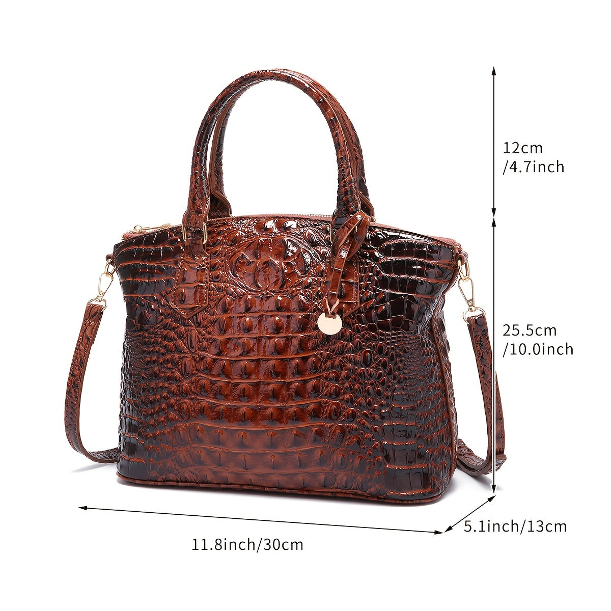 Luxurious crocodile patterned with three-dimensional pattern / metal round buckle decoration / dual handles and adjustable shoulder strap design / large capacity to meet the needs of commuting, business, and travel scenarios