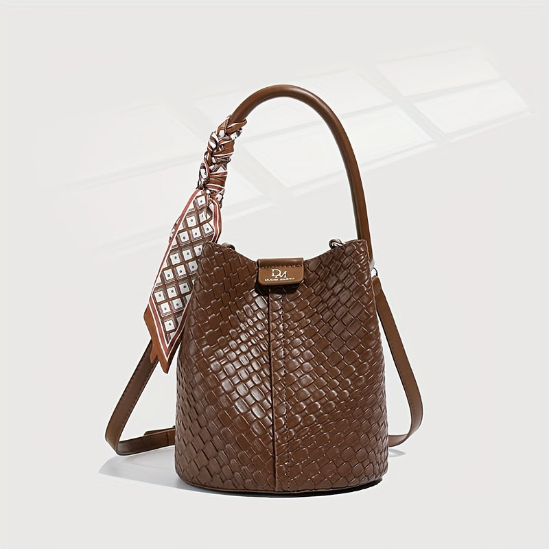 Stylish Women'S Bucket Bag - Elegant Solid Color Woven Shoulder and Crossbody Bag with Adjustable Detachable Strap, Large Capacity for Commuting, Multiple Colors Available, Commuter Handbag | Textured Finish | Polyester Lined