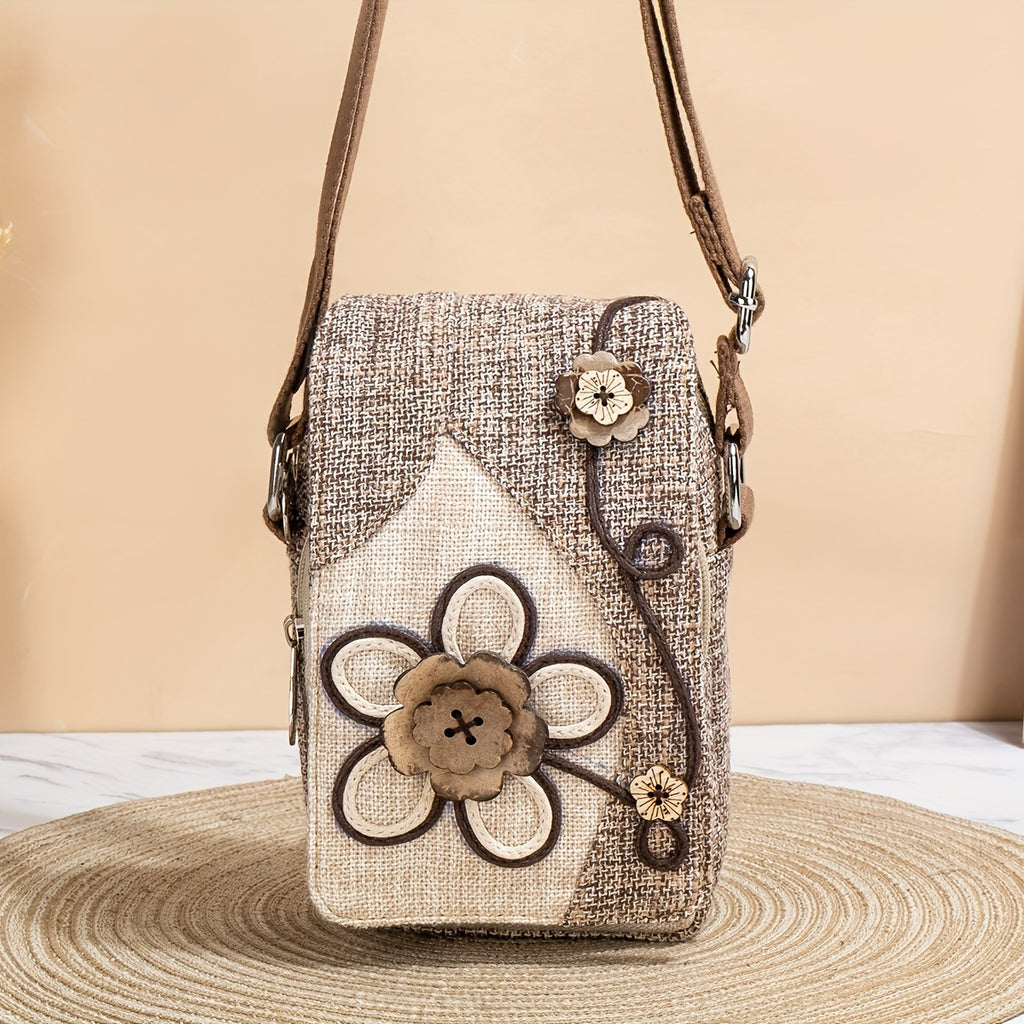 Women's Floral Design Phone Bag, Contrast Color Retro Style Crossbody Shoulder Bag With Adjustable Strap