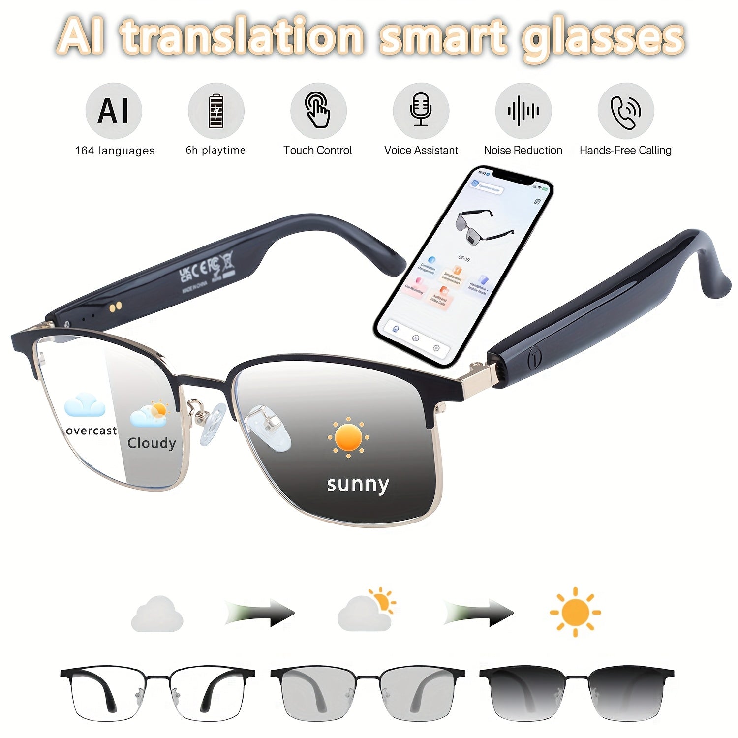 AI Smart Glasses with 160-Language Real-Time Translation & Chat GPT System, Built-in Microphone/Speaker, HD Voice Calls & HIFI Music, Physical Color-Changing Lens, Wireless, High Quality, Magnetic Charging, Long-Lasting Batte