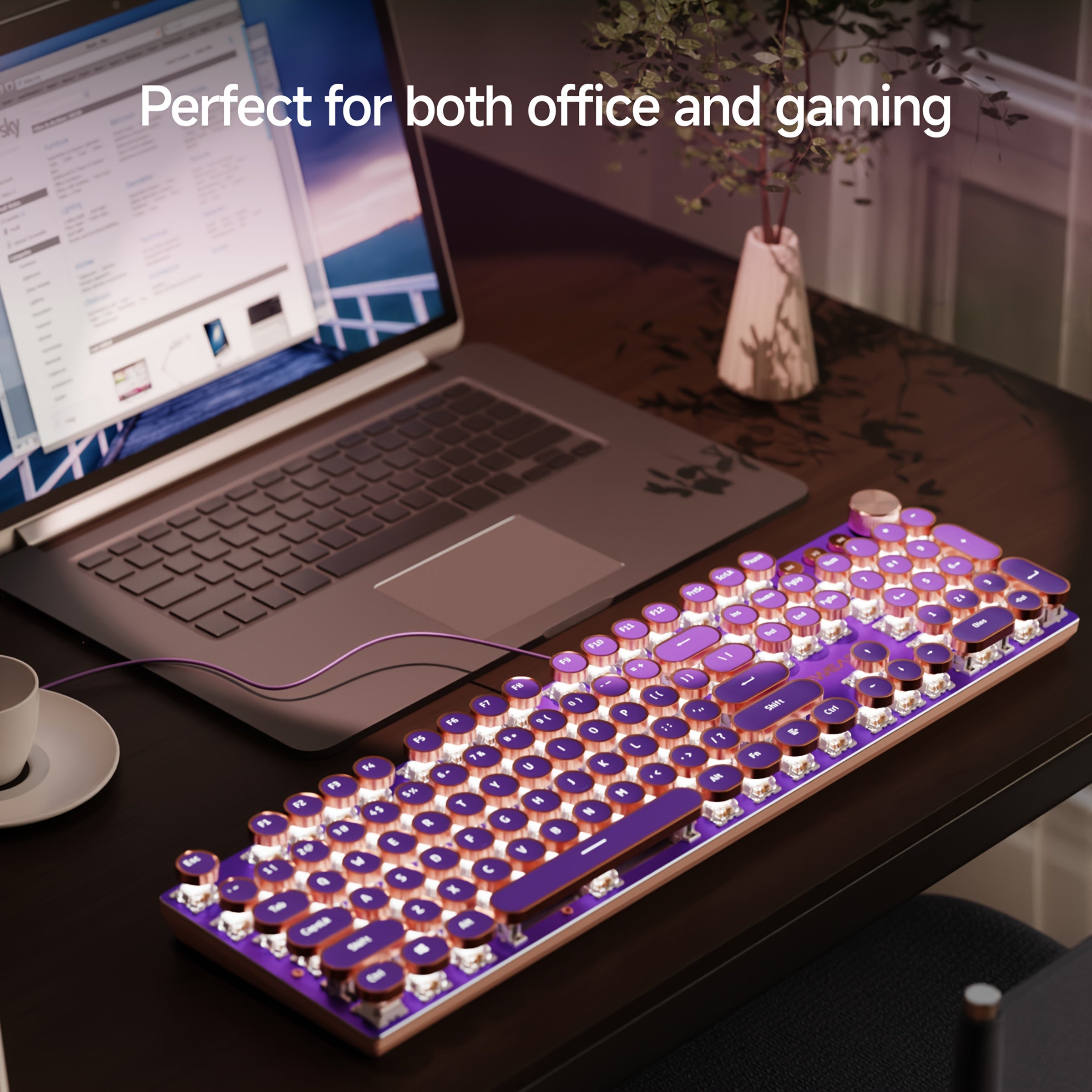 [Retro Typewriter Keyboard] EWEADN V20 Retro Typewriter Mechanical Gaming Keyboard | Full Size 104 Keys, Purple & Golden Vintage Design, LED Backlit, Pink Switches, Ergonomic Anti-Splash, Multimedia Knob, USB Wired for PC/Lap