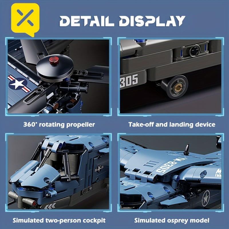 1486pcs Dynamic Tilt-Rotor Fighter Jet Building Block Model, 1:72 High Precision Replica, Collectible Brick Set with Shockproof Landing Gear + Openable Hatches – Creative DIY Halloween, Christmas, Thanksgiving, New Year & V