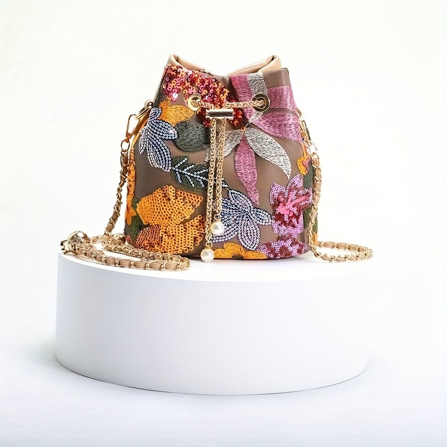 Elegant Retro Chinese Style Floral Sequin Bucket Bag for Women - Nylon Crossbody with Golden Chain Strap, Drawstring Closure, and Vibrant Purple & Red Patchwork Design, Ladies Bag