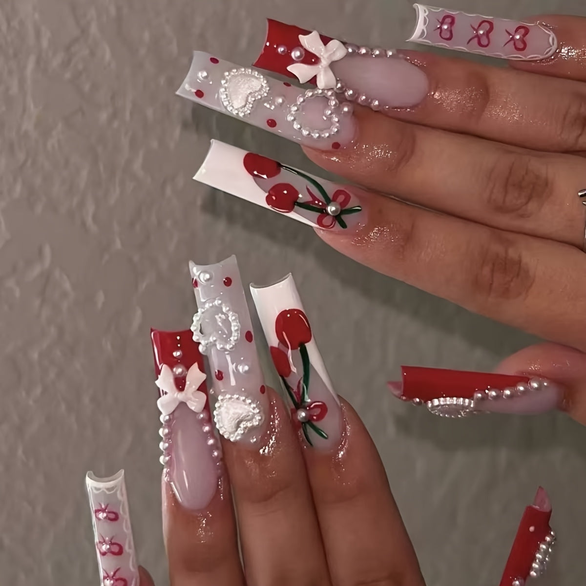 Cross border European and American style, sweet and cool, spicy style, wearing armor, heart-shaped bow, cherry painting, French nail art patch nail