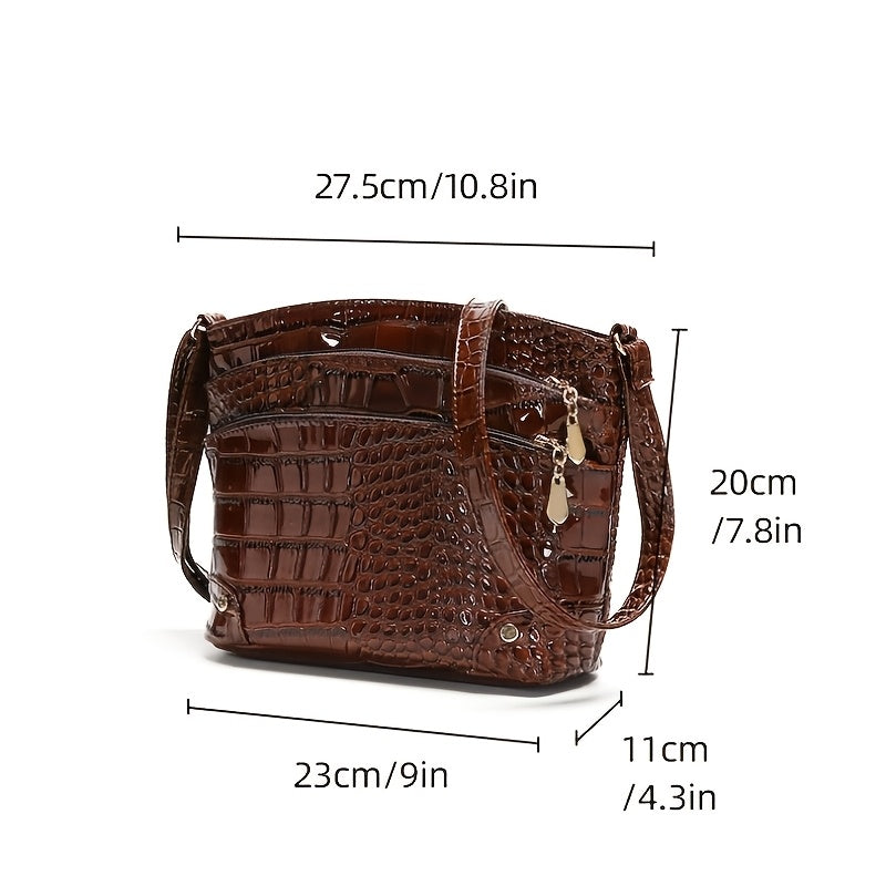 Shiny Crocodile Pattern Women'S Bag, PU Soft Shoulder Bag, Multi-Layer Crossbody Bag, Stylish And Versatile Large Capacity Bucket Bag.