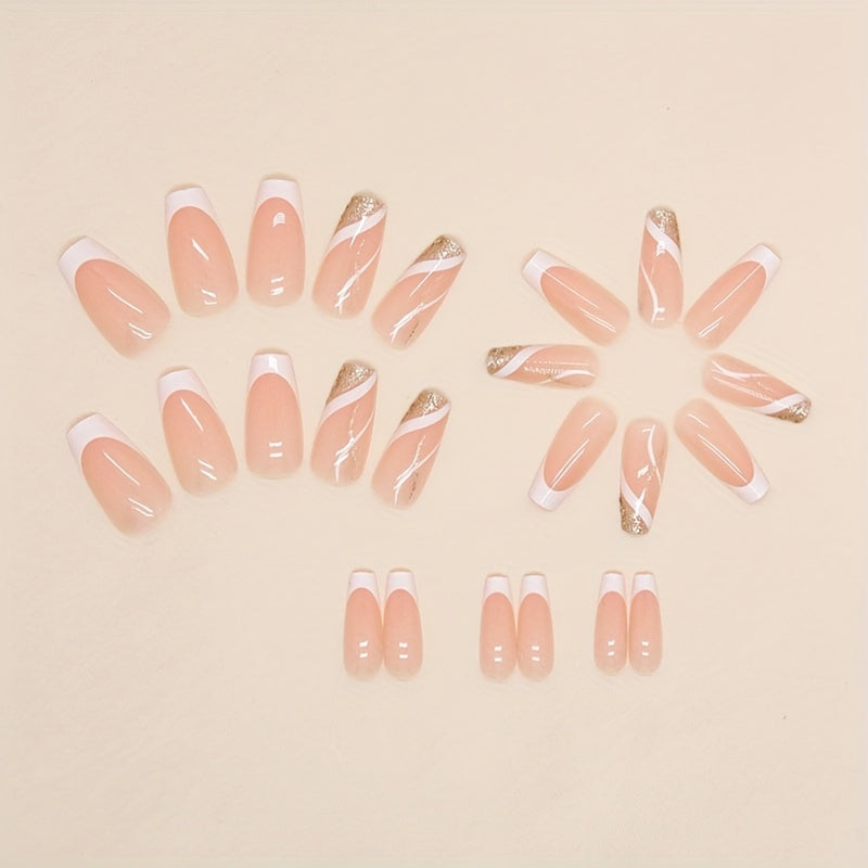 24pcs Glossy Medium Ballerina Fake Nails, White French Tip Press On Nails With Golden Glitter Stripe Design, Minimalist Style Full Cover False Nails For Women Girls