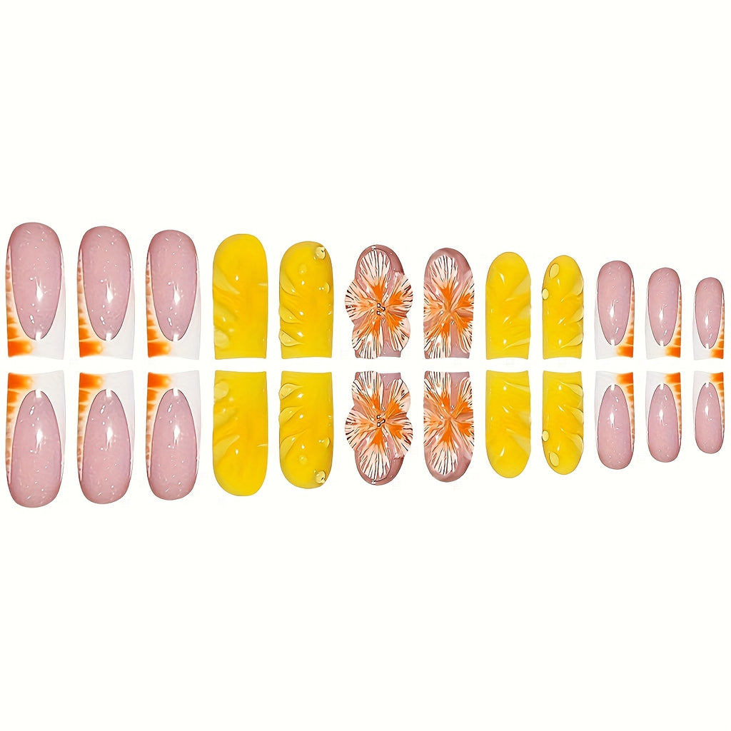 A Set of 24 Short Square False Nails with Warm Summer Orange And Yellow Flowers, Cool Dew Drops, Moist Ripples, Light Luxury Golden Beads Suitable for All Women And Girls. The Box Comes with a Nail Polish And Jelly Glue, Whic