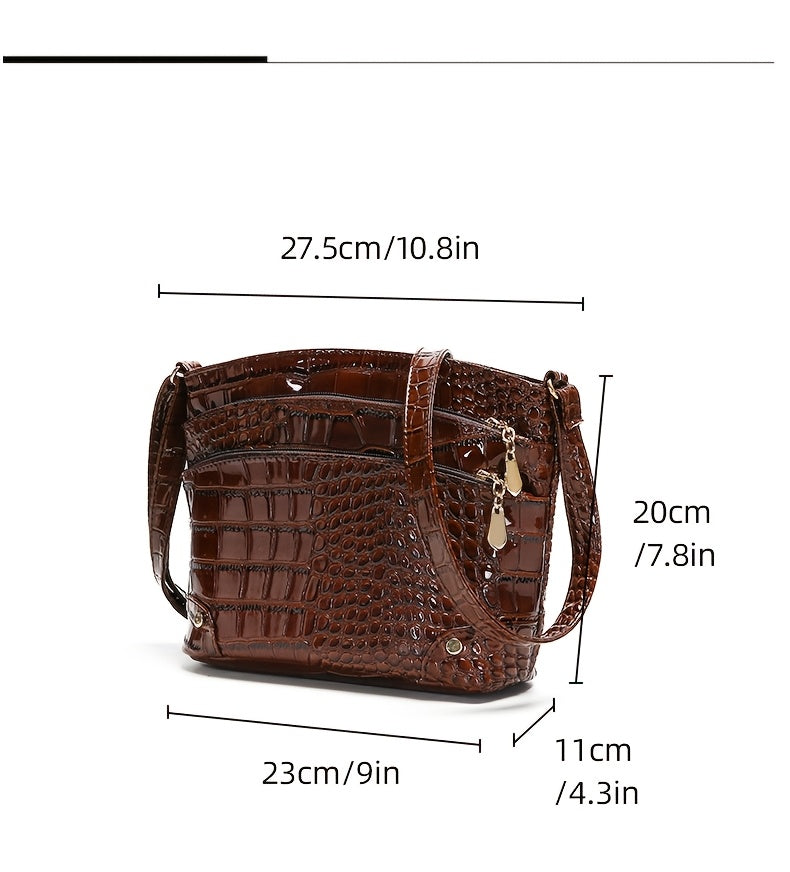 Shiny Crocodile Pattern Women'S Bag, PU Soft Shoulder Bag, Multi-Layer Crossbody Bag, Stylish And Versatile Large Capacity Bucket Bag.