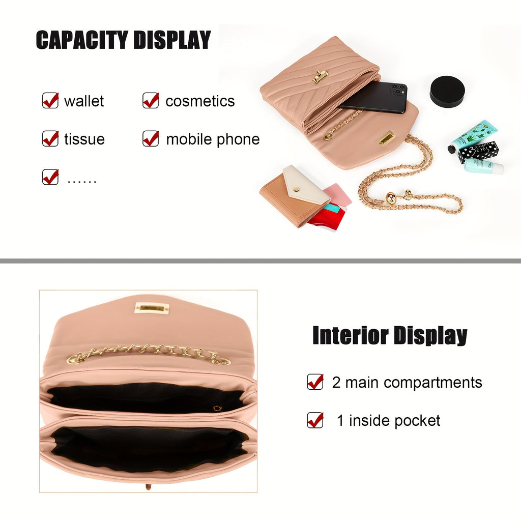 New Fashion Diamond Lattice Soft Chain Bag, Leisure And Simple With Pure Color PU Ladies Daily Travel Crossbody Bag