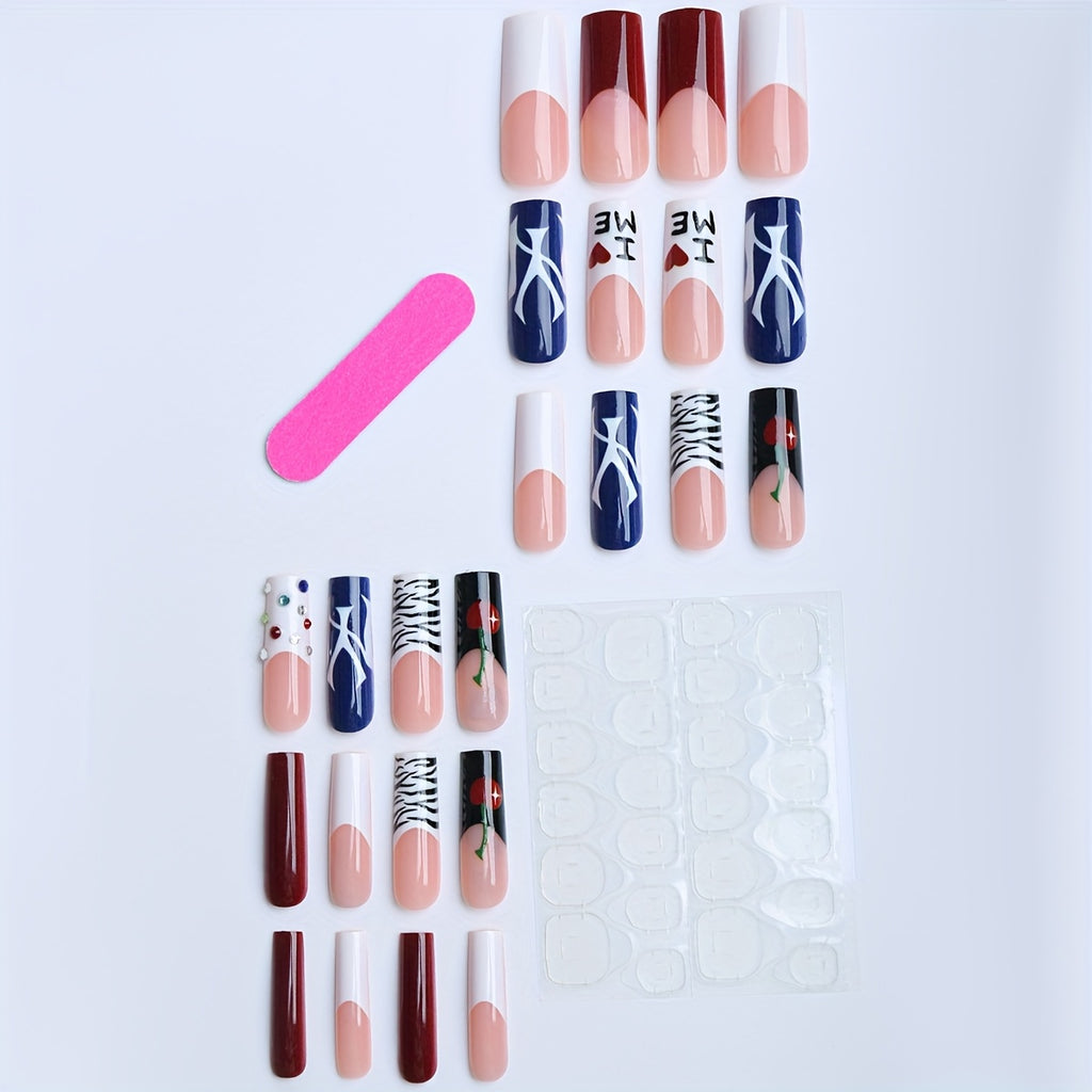 24pcs Long Square Press On Nails - Summer Blue & Black Contrast Glossy Fake Nails with Zebra Stripes, Cherry Accents, French Edges & Floral Designs - Hand-Painted Style for s, Birthday Party Gift, Portable Fake Nails, Nails A