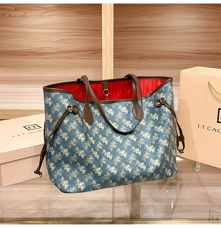 Elegant Floral Tote Bag with Red Interior, Large Capacity, Golden-Tone Hardware, And Detachable Shoulder Strap - Ideal for Daily Travel And Commuting, Travel Tote Bag | Floral Print Tote | Durable Handles, Tote Bag