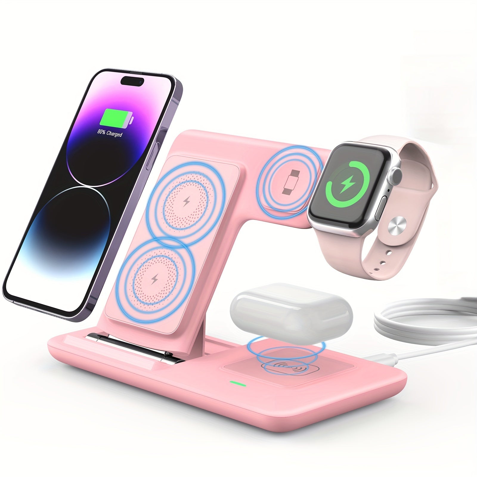 [3-in-1 Wireless Charger] 3-in-1 Magnetic Wireless Charging Station for iPhone 15/14/13/12/11/Pro/Max/Mini/Plus, X, XR, XS/Max, SE, 8/Plus, iWatch 1-9 & AirPods 3/2/Pro - USB Charger with Adjustable Stand, Compact Design, No