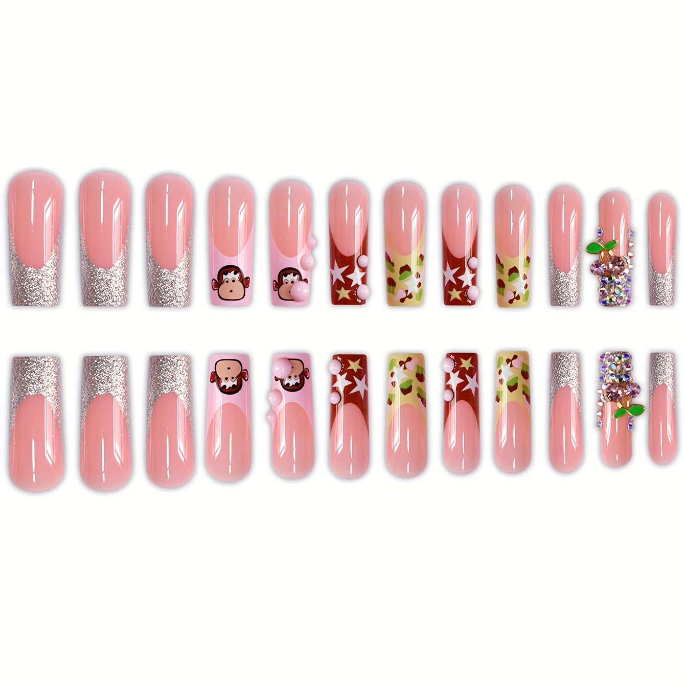 A Set of 24 Long Coffin-Shaped False Nails, Cute Cartoon Monkeys, Sweet Three-Dimensional Cherries, Light Luxury Diamonds, Fashionable Stars, Silvery Glitter, Suitable for All Women And, Nail Polish And Jelly Glue Are Include