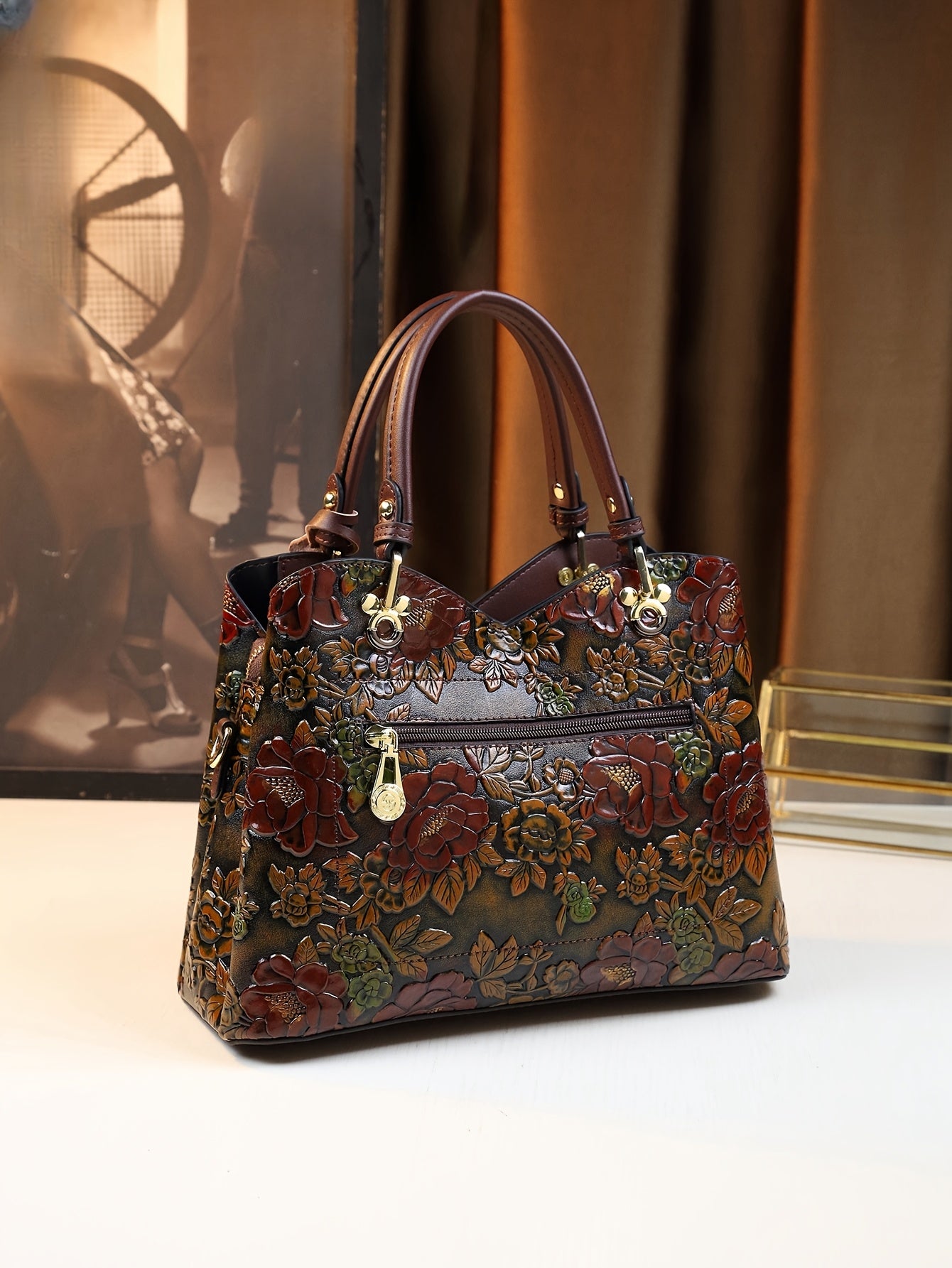 Floral Handbag for Wo, Autumn Winter New Arrival, Hand-Painted Tote with Zipper Closure, Elegant Mom Purse