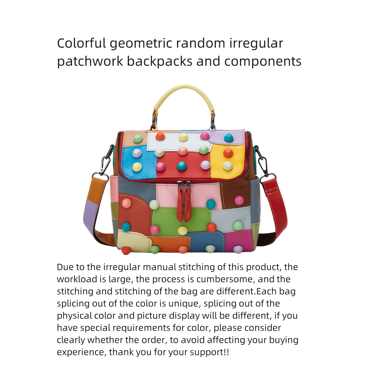 [Geometric Crossbody Bag] Light Brown Geometric Women's Crossbody Bag | Detachable Strap, Multi-Color Irregular Design, Zipper Closure, Spacious Tote with Back Pocket & Rivet Accents, Polyester Lining for Daily Commute & Casu