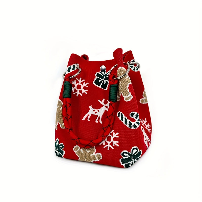 Gingerbread for Man Knitted Handbag/Festive Red & Checkered Design with Magnetic Closure, Removable Strap, and Golden Accents/Perfect Christmas Gift for Women, Holiday Accessory, Playful Design, Magnetic Closure Bag