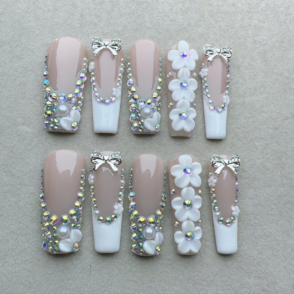 10pcs Handcrafted Press-On Nails Set for Women, Super Long Square Shape, Nude & Fair Tones, 3D Floral & Glitter Patterns, Glossy Finish, Reusable Full Cover Nail Art with Rhinestones and Metallic Accents