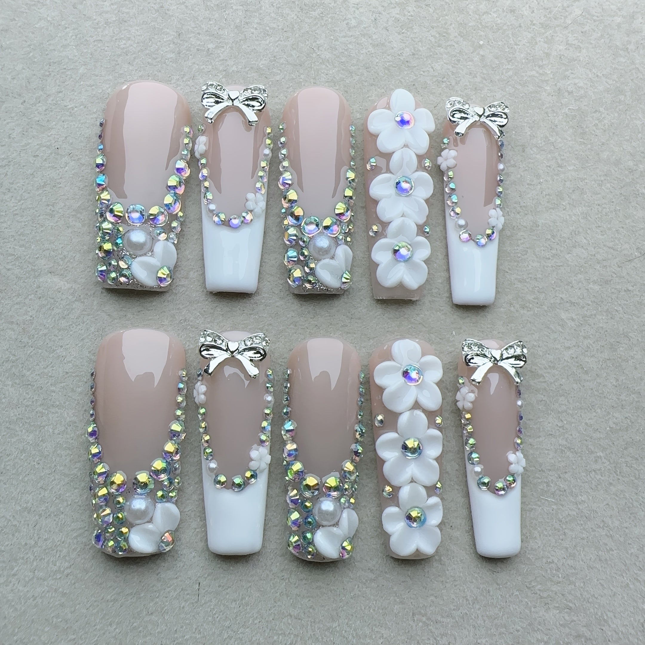 10pcs Handcrafted Press-On Nails Set for Women, Super Long Square Shape, Nude & Fair Tones, 3D Floral & Glitter Patterns, Glossy Finish, Reusable Full Cover Nail Art with Rhinestones and Metallic Accents