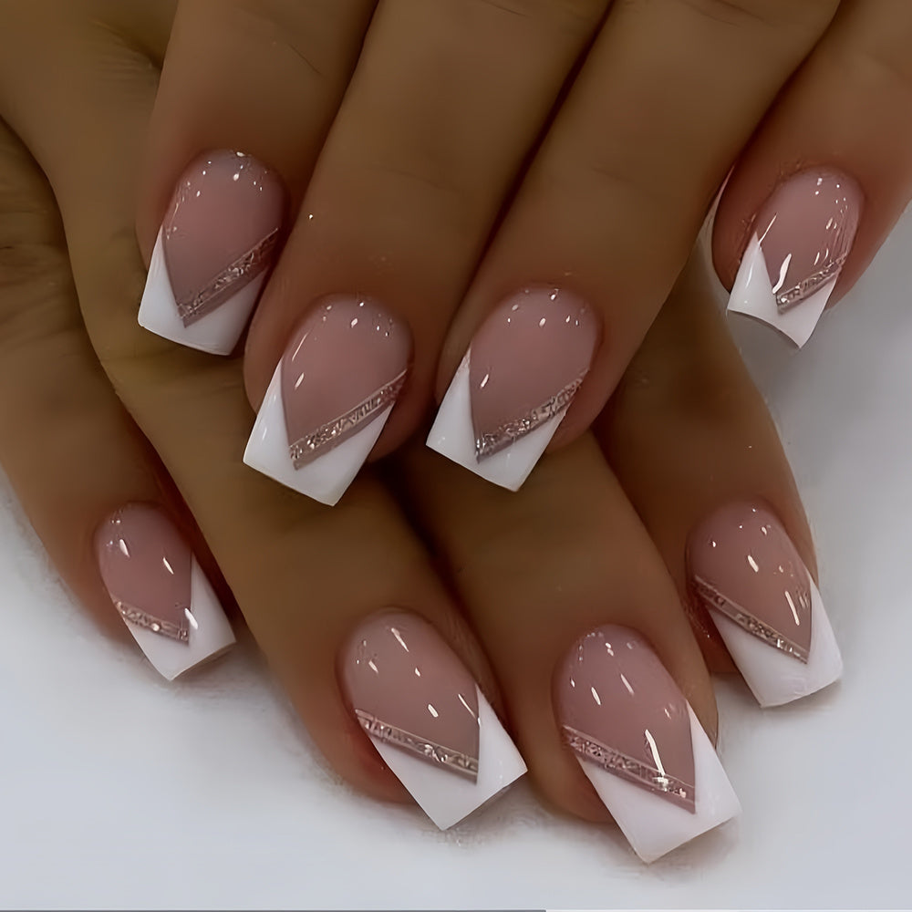 24pcs Chinese Style Nails, Soft Cute Elegant Pink Solid Color Classic White French-Style Line Silvery Glitter Shiny Wearable Nails, Elegant High-End Hot Pink Solid Color Classic White French-Style Line Silvery Glitter Shiny P