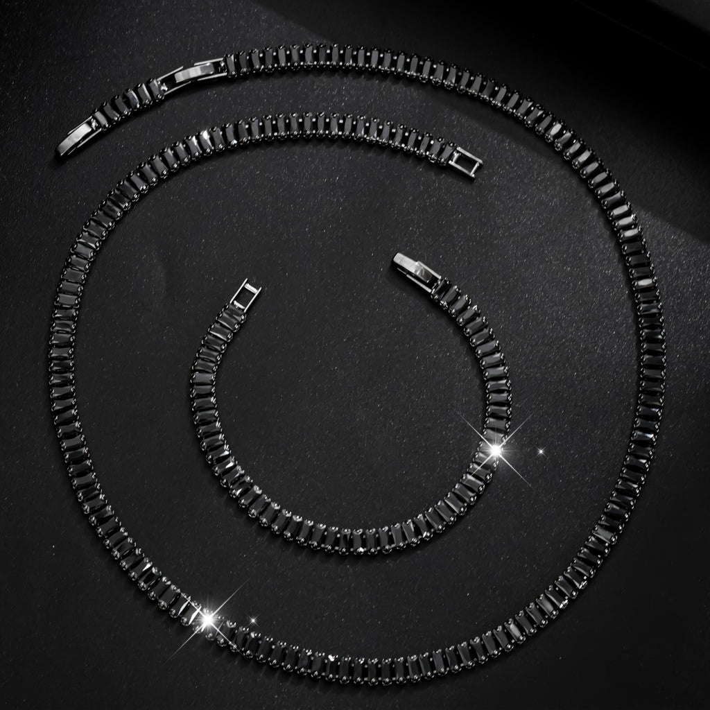 Men's Black Zircon Tennis Bracelet & Necklace Set |