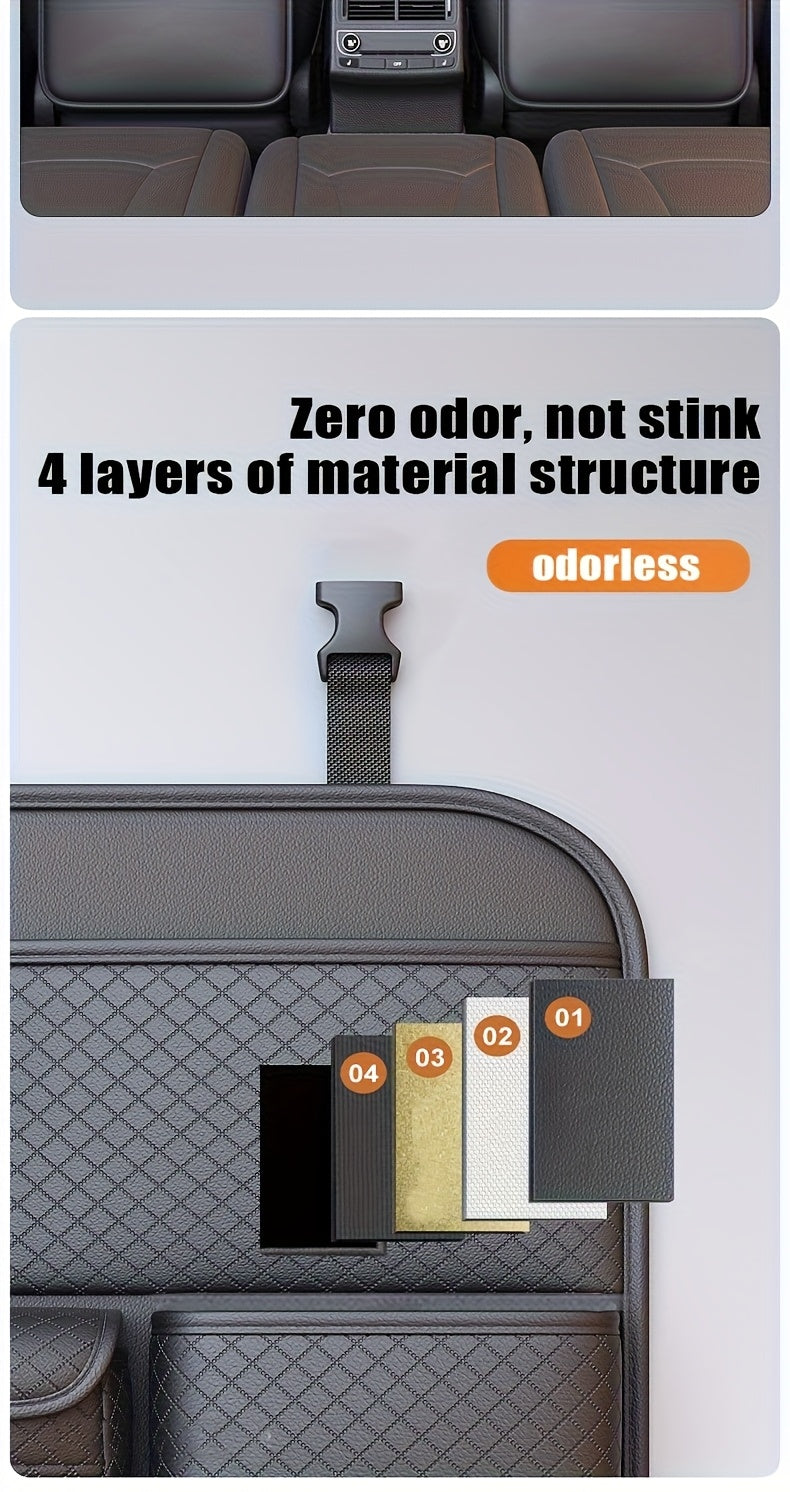 [2025 New PU Leather Car Bag] Universal Fit PU Leather Car Seat Back Organizer Bag | Multi-Layer Storage for Bottles, Tablets, Laptops & Accessories, Black, 2025 New | Stylish Car Organizer